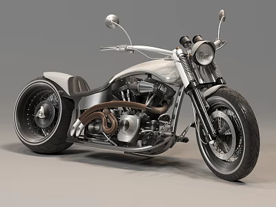 Vintage Custom Silver Motorcycle With Classic Headlight Large Wheels Chrome Exhaust And Leather Seat 3d model