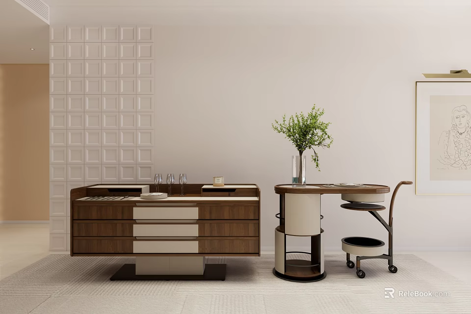 Elegant Modern Kitchen Interior Design With Wooden Cabinets Drawers And Countertop 3d model 