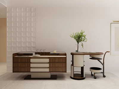 Elegant Modern Kitchen Interior Design With Wooden Cabinets Drawers And Countertop 3d model