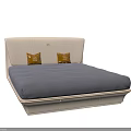 Modern Beige Upholstered Double Bed With Contoured Headboard And Dark Blue Pillows 3d model