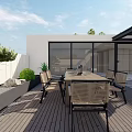Roof Garden Relaxation Space with Wooden Deck Dining Table Chairs Glass Pergola and Potted Plants