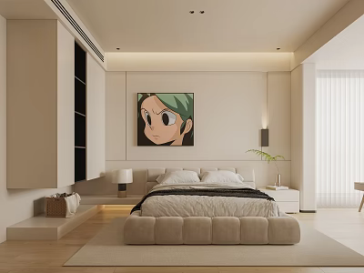 Modern Bedroom With Soft Upholstered Bed Green Hair Art Wooden Floor Light Curtains Nightstand 3d model