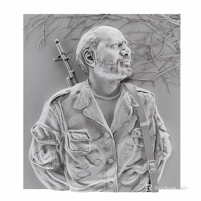 Wall Decor Featuring Military Soldier With Rifle And Branches In Monochrome Style 3d model 
