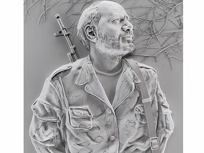 Wall Decor Featuring Military Soldier With Rifle And Branches In Monochrome Style 3d model