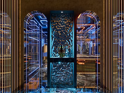 Modern Bar Interior Design With Neon Lights Archway And Metallic Decor 3d model