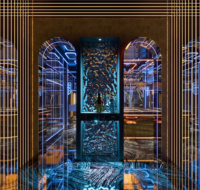 Modern Bar Interior Design With Neon Lights Archway And Metallic Decor 3d model