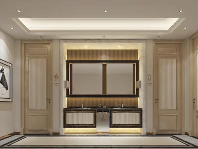 Modern Public Toilet Interior With Double Sinks Large Mirrors And Elegant Lighting 3d model