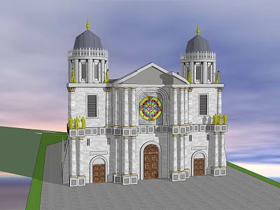 European Style Architectural Design With Twin Dome Towers Stained Glass Window And White Stone Exterior 3d model