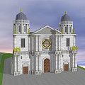 European Style Architectural Design With Twin Dome Towers Stained Glass Window And White Stone Exterior
