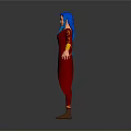 Woman With Blue Hair In Red Outfit And Yellow Sleeves Wearing Brown Boots
