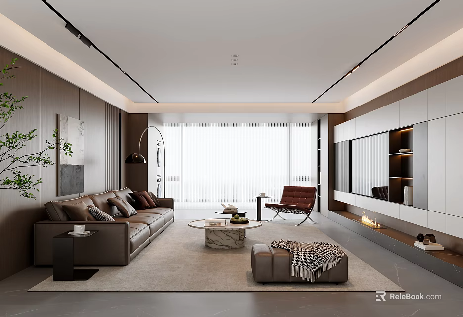 Modern Living Room Interior Design With Brown Sofa Round Coffee Table And Red Chair 3d model 