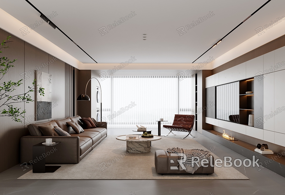 Modern Italian Living Room Sofa Coffee Table Combination No Main Light Living Room Dream Curtain TV Background Wall Sofa Background Wall Black and White Hanging Picture model