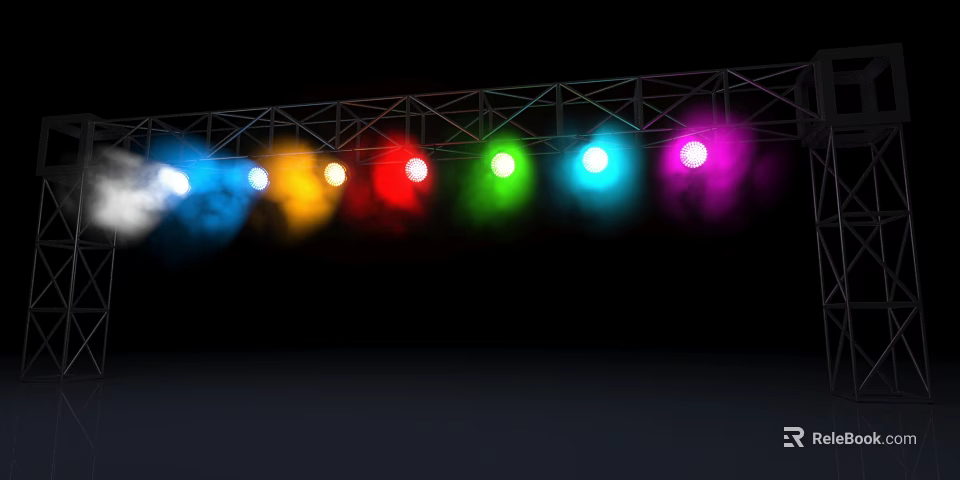 Colorful Stage Lights With Truss Structure And Multicolored Beams On Black Background 3d model 