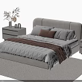 Modern Double Bed Interior with Pillows Blanket Nightstands Dried Flower Vase and Table Lamp