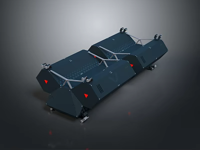 Dark Elongated Mechanical Device With Multiple Wheels And Red Triangular Signs On Gray Background 3d model