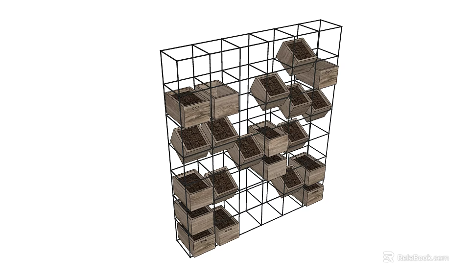Vertical Garden Decor With Metal Grid Frame And Wooden Plant Pots For Gardening 3d model 
