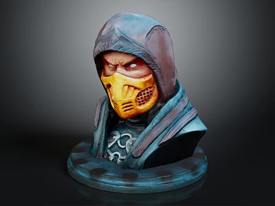 Hooded Warrior 3D Bust Sculpture With Yellow Mask And Detailed Facial Features On Dark Background 3d model