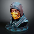 Hooded Warrior 3D Bust Sculpture With Yellow Mask And Detailed Facial Features On Dark Background