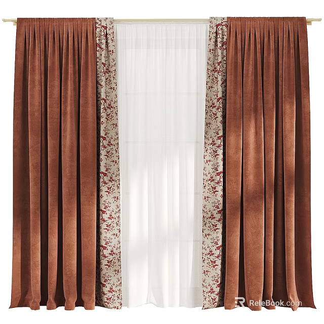 Brown Curtains With Floral Pattern Trim And White Sheer Panel Design 3d model 