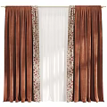Brown Curtains With Floral Pattern Trim And White Sheer Panel Design 3d model