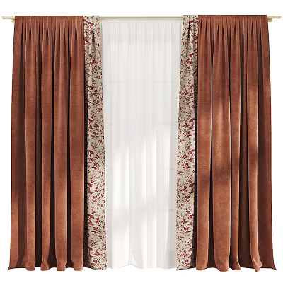 Brown Curtains With Floral Pattern Trim And White Sheer Panel Design 3d model