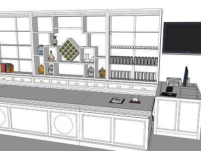 Modern Reception Desk With Open Shelves Decorative Vases Books And TV Screen 3d model