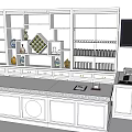 Modern Reception Desk With Open Shelves Decorative Vases Books And TV Screen