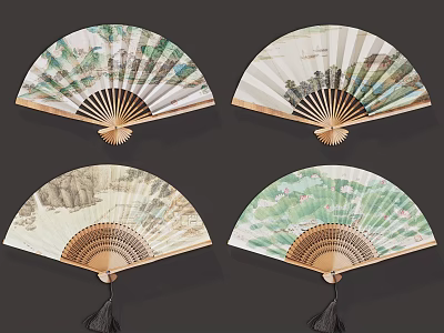 Traditional Chinese Decorative Folding Fans With Artistic Patterns And Tassel Details For Home Wall Decor 3d model