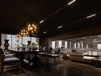 Modern Lounge Area Interior With Chandelier Sofa Tables And Large Windows 3d model