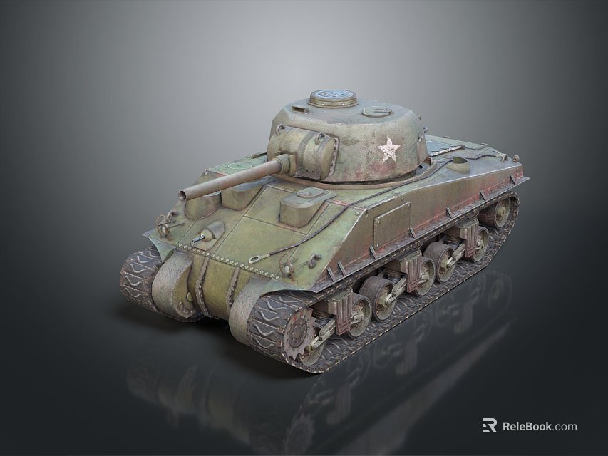 Military Green Tank With Worn Finish White Star Marking Cannon Tracks On Gray Background Reflection 3d model 