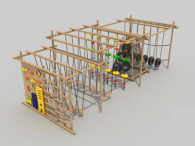 Outdoor Kids Playground Equipment With Wooden Frame Ropes Swings And Climbing Features 3d model