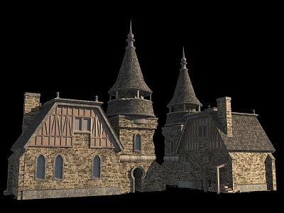 Ancient Architecture With Spires Gabled Roofs Stone Walls And Timber Frame 3d model