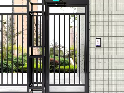 Black Metal Swing Door With Exterior Greenery And Building Wall Background 3d model