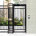 Black Metal Swing Door With Exterior Greenery And Building Wall Background