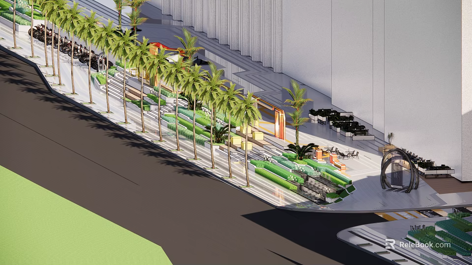 Urban Plaza Landscape Design With Palm Trees Green Seats And Building 3d model 