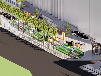 Urban Plaza Landscape Design With Palm Trees Green Seats And Building 3d model