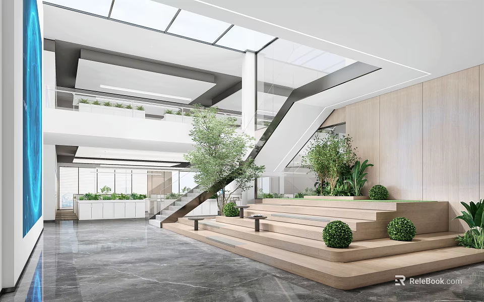Modern Lounge Area Interior With Open Concept Skylights Green Plants And Steps 3d model 