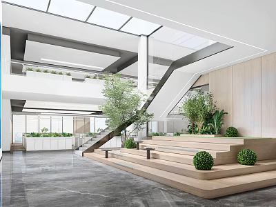 Modern Lounge Area Interior With Open Concept Skylights Green Plants And Steps 3d model