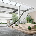 Modern Lounge Area Interior With Open Concept Skylights Green Plants And Steps