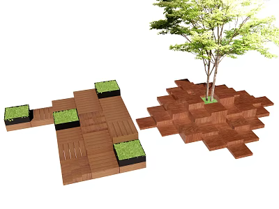 Wooden Tree Pit Design With Interlocking Planks And Green Turf Sections 3d model