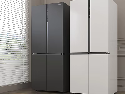 Gray And White Multi Door Refrigerators In Room With Window Blinds And Natural Light 3d model