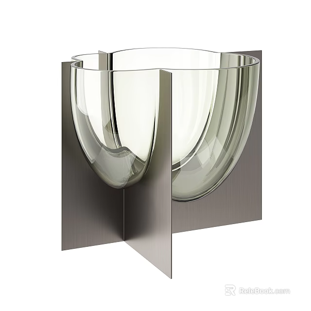 Modern Minimalist Decorative Ornament Set with Transparent Curved Glass and Silver Metal Stand 3d model 