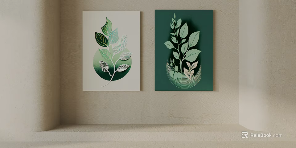 Two Green Leaf Plant Paintings With Light And Dark Backgrounds For Wall Decor 3d model