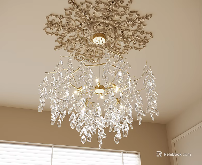 Classic Crystal Chandelier With Gold Frame And Ornate Ceiling Plate Design 3d model 