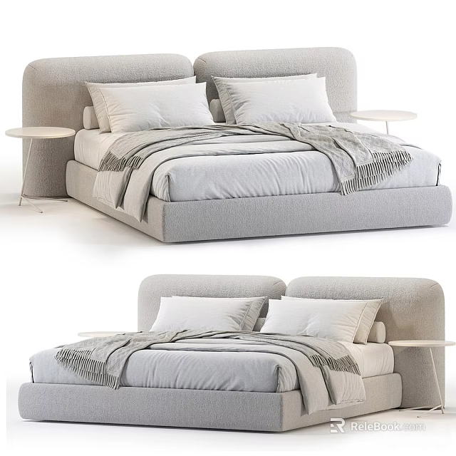 Modern Double Bed With Soft Bedding Pillows And Side Nightstands 3d model 