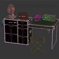 Vintage Television Display On Retro Desk With Fan Radio Camera Drawer Cabinet And Stool Setup