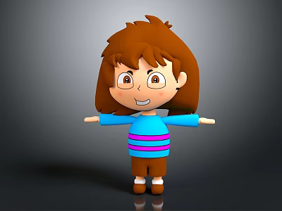 Cartoon Game Movie Character With Brown Hair Big Eyes Blue Pink Striped Sweater Open Arms 3d model