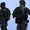 Two Tactical Game Movie Characters In Uniforms Holding Hands With Backpacks
