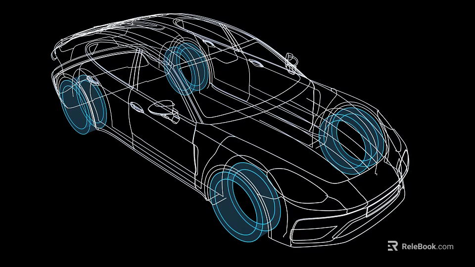 Car Line Drawing with Blue Wheels on Black Background Illustration 3d model 