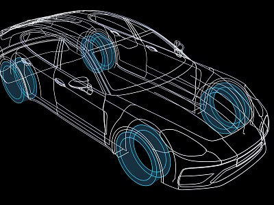 Car Line Drawing with Blue Wheels on Black Background Illustration 3d model